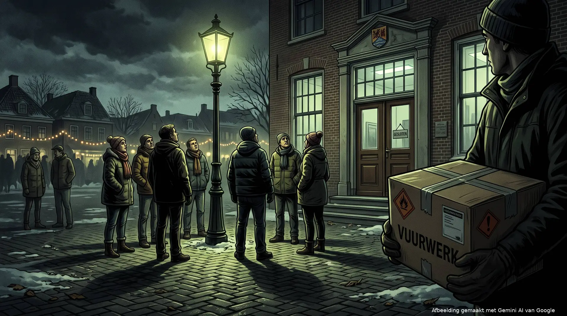 Buurtbewoners met een gesloten vuurwerkdoos voor een gesloten gemeentehuis op oudejaarsavond.