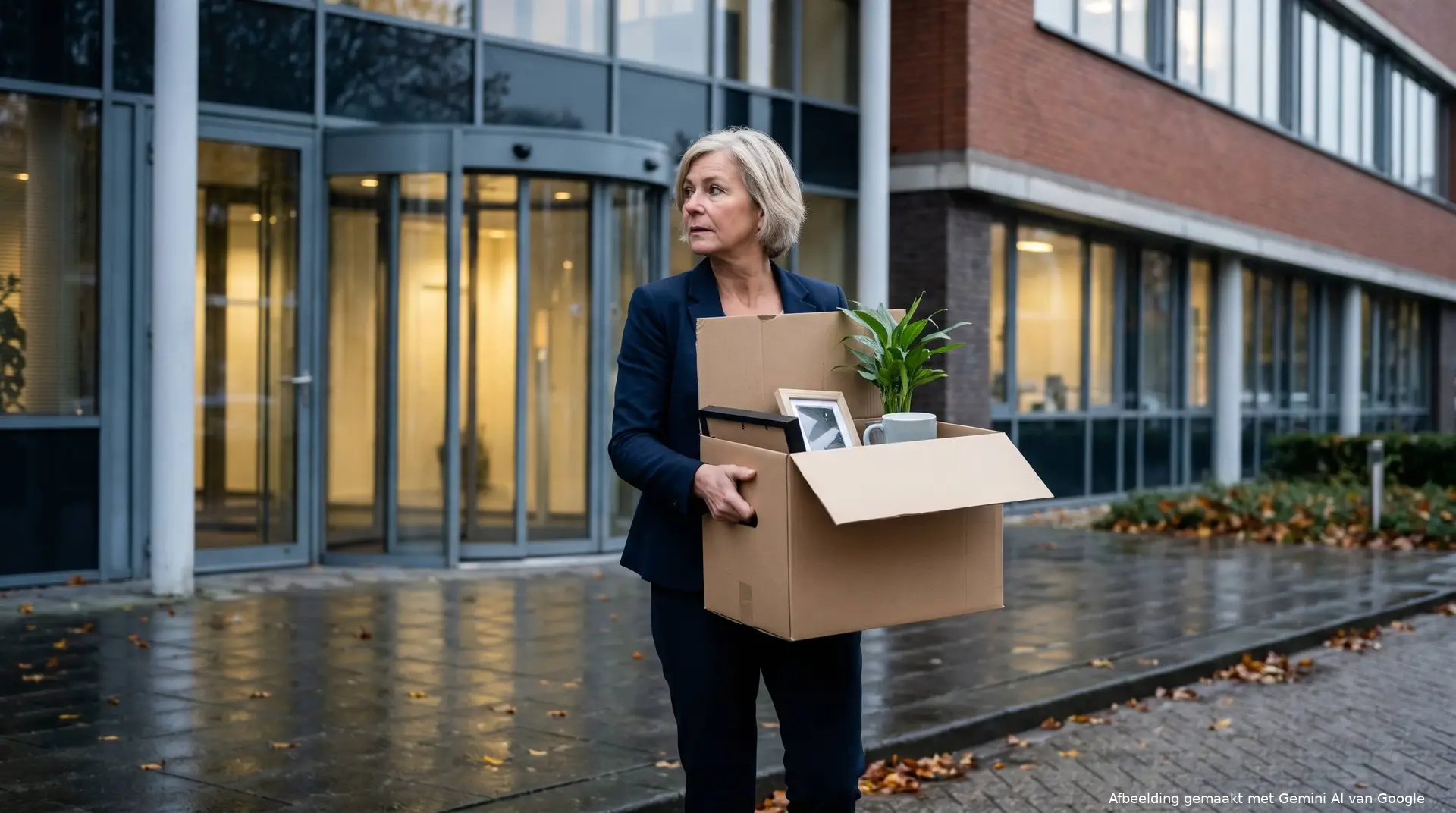 Vrouw van rond de zestig loopt met een kartonnen doos met spullen de personeelsingang van een kantoorgebouw uit.