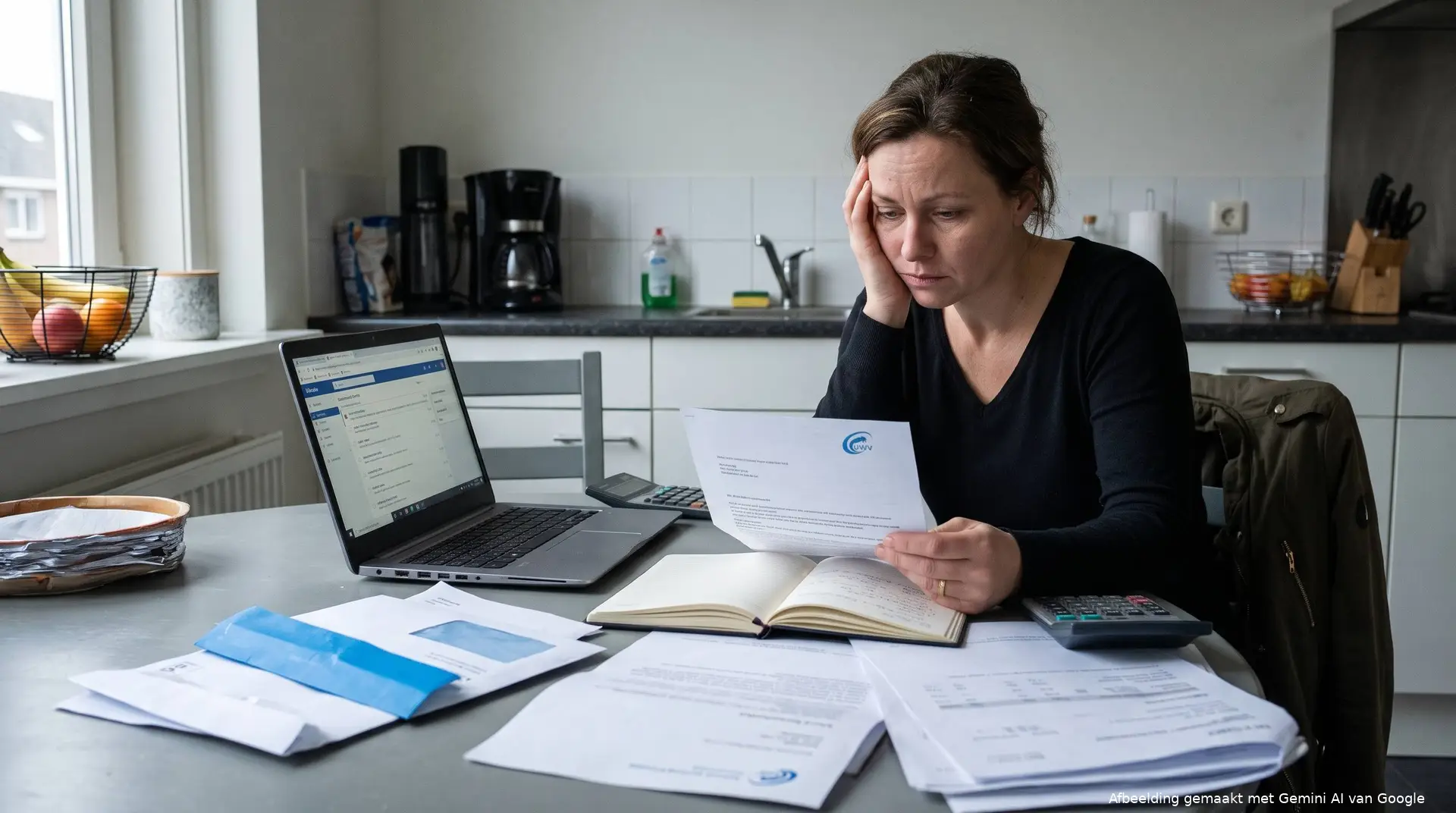 Een bezorgde vrouw zit aan haar keukentafel met haar hand aan haar hoofd, omringd door papieren en een laptop, terwijl ze een officiële brief leest.