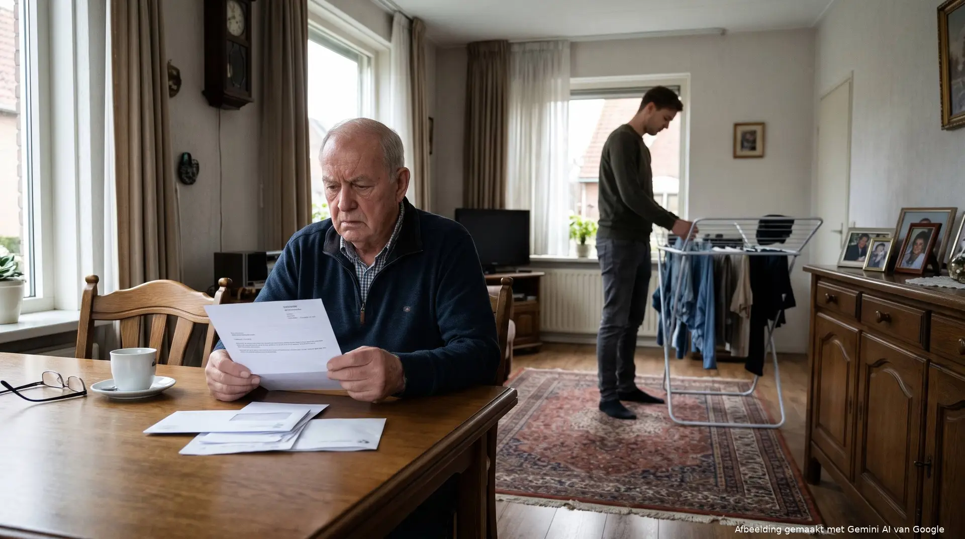 Een bezorgde oudere man leest aan de eettafel een brief, terwijl op de achtergrond zijn inwonende kleinzoon de was ophangt.