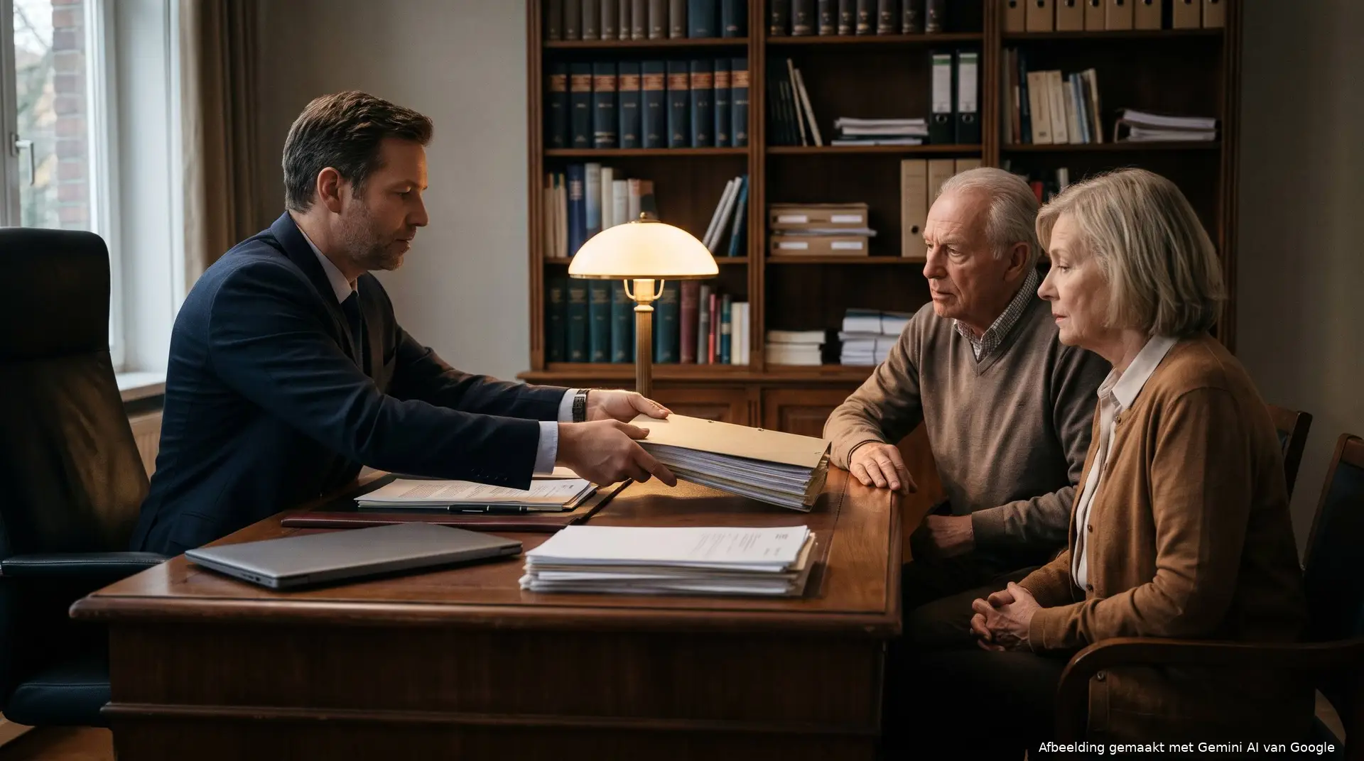 Ouder echtpaar aan het bureau van een notaris, die een map met papieren naar hen toe schuift.