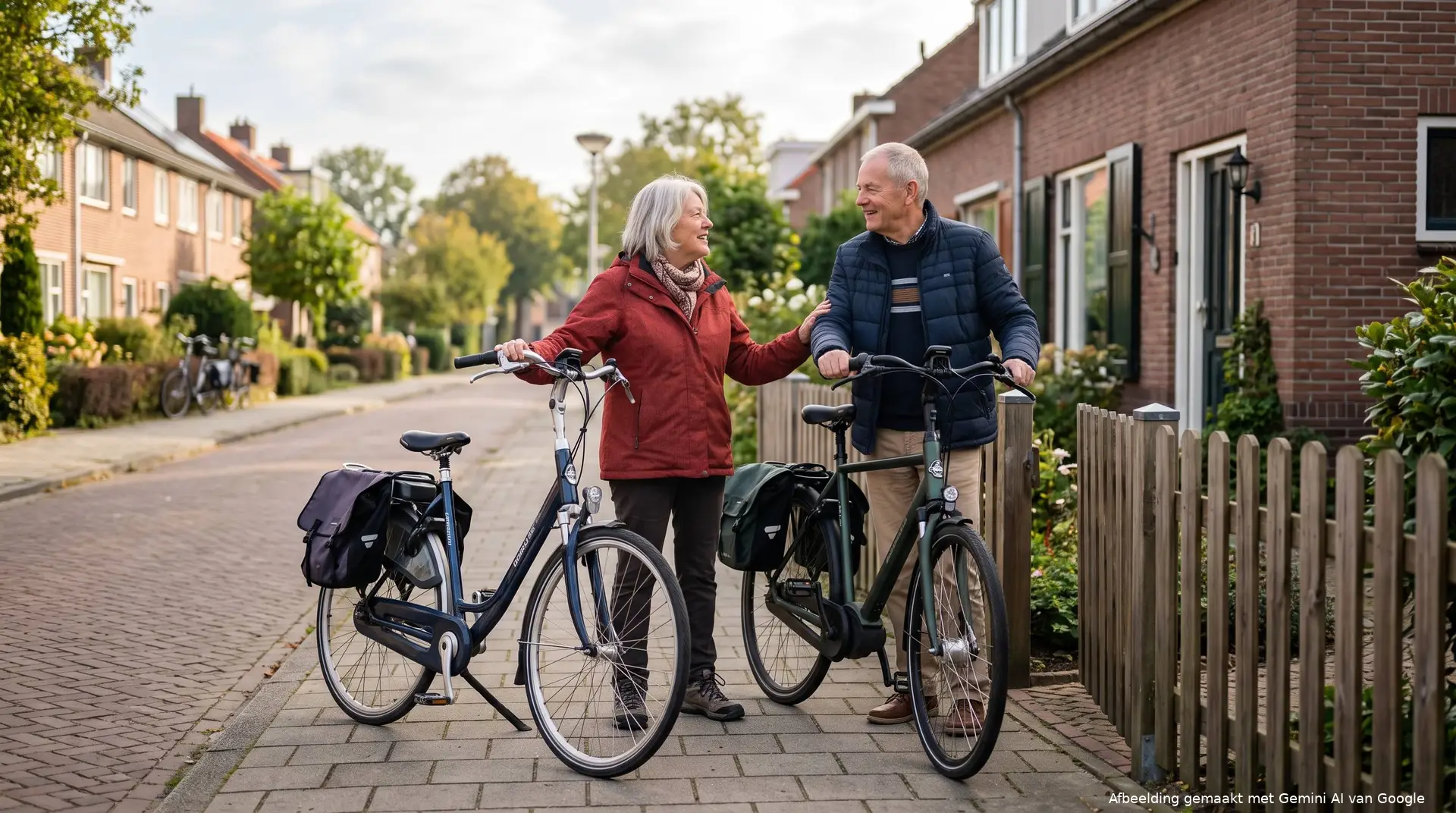 Gepensioneerd echtpaar met fietsen bij het tuinhek van hun woning.