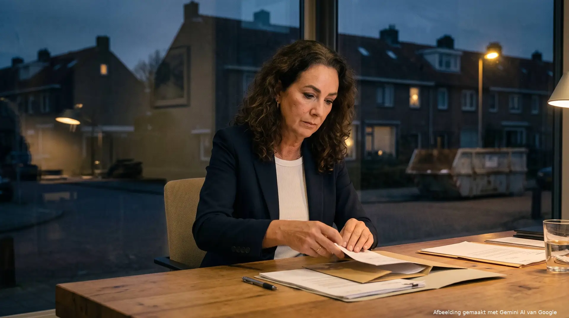 Burgemeester Femke Halsema aan haar bureau met een brief, door het raam een woonwijk in de avond met een lege container