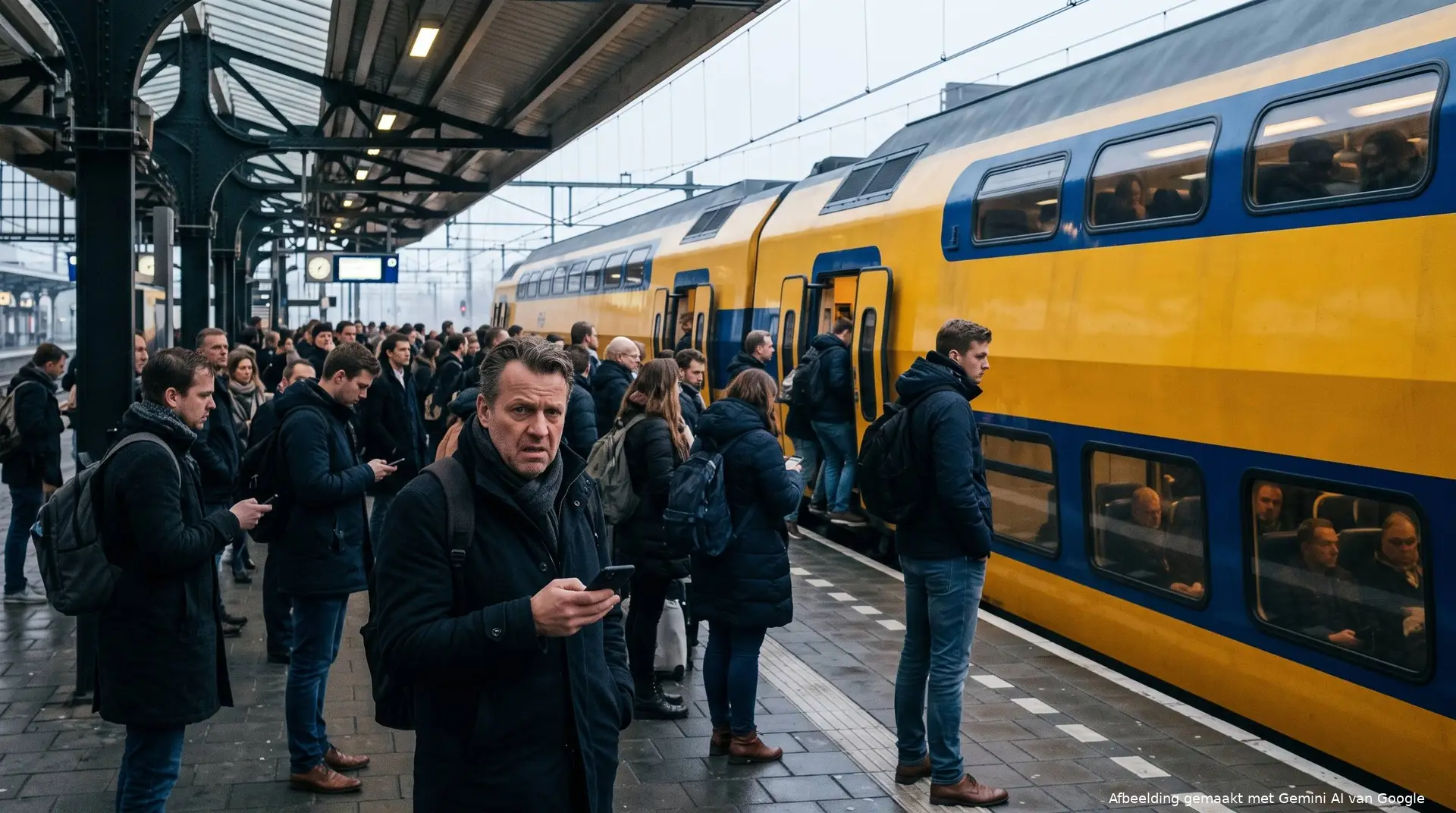 Drukke forensen op een perron in de ochtendspits bij een gele dubbeldekstrein