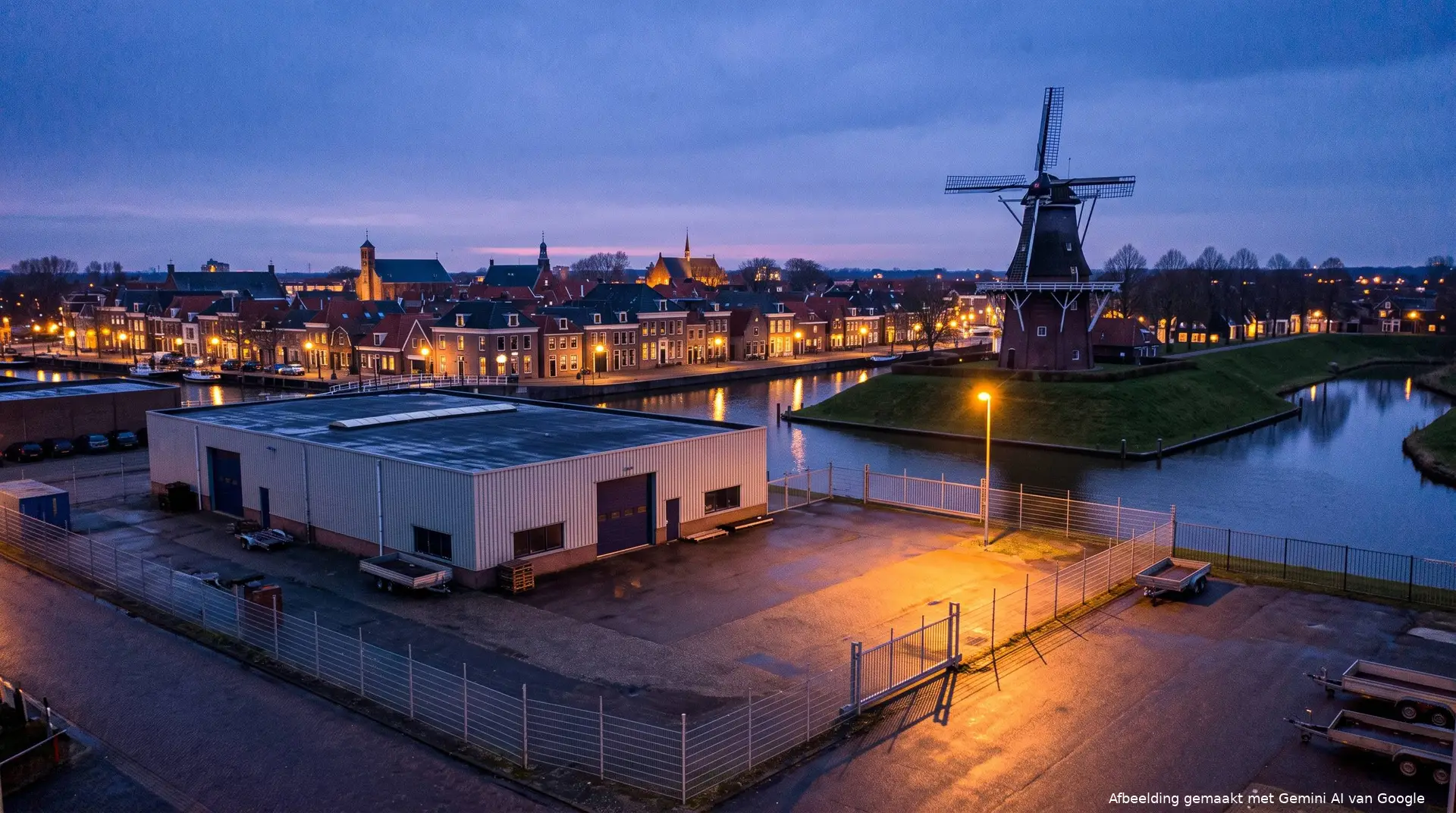 Leeg bedrijfsterrein met een laag gebouw aan de rand van een Friese stad met gracht en molen bij schemering