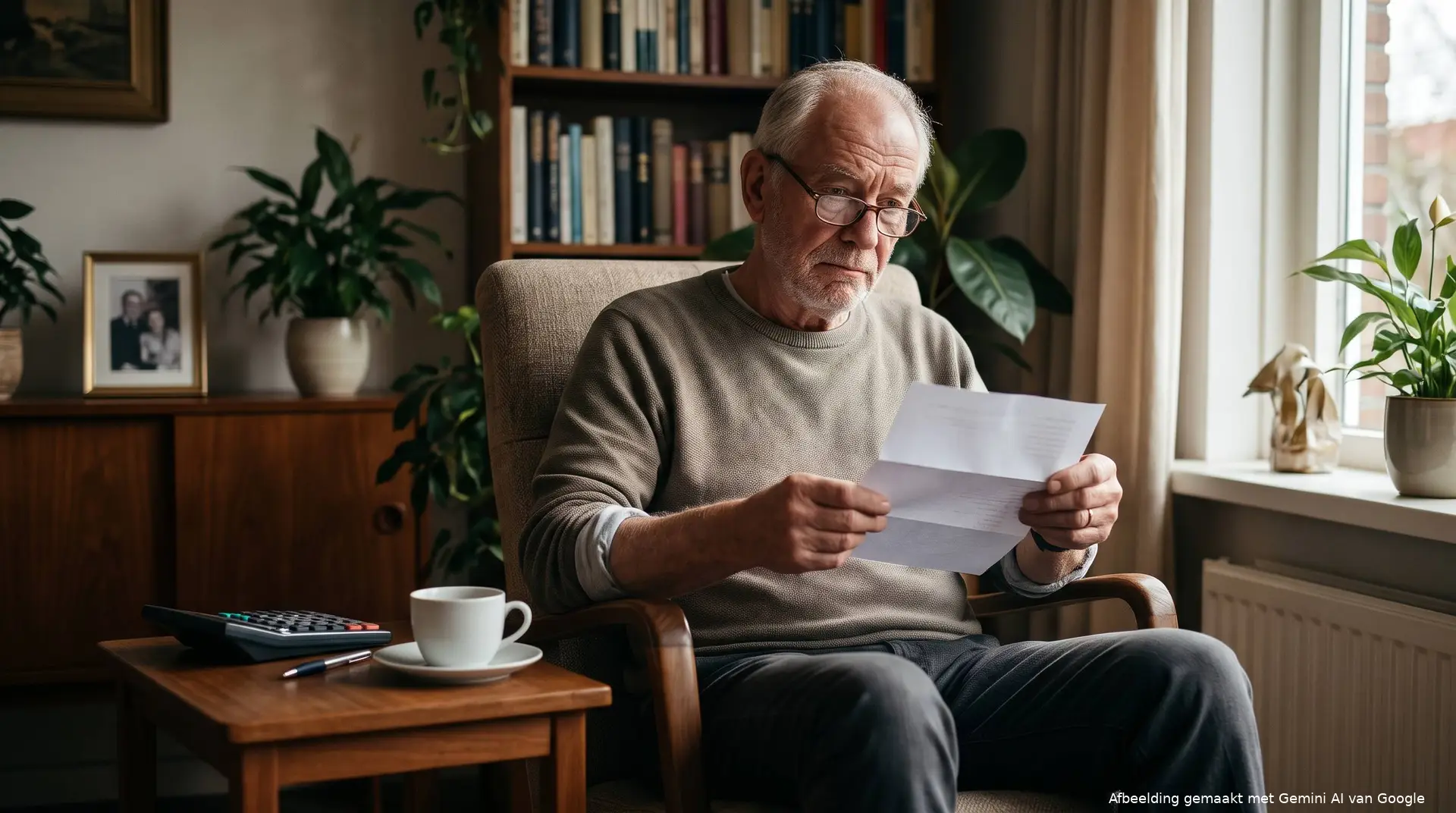 Gepensioneerde man bekijkt in zijn leunstoel een brief, met koffie en een rekenmachine naast zich