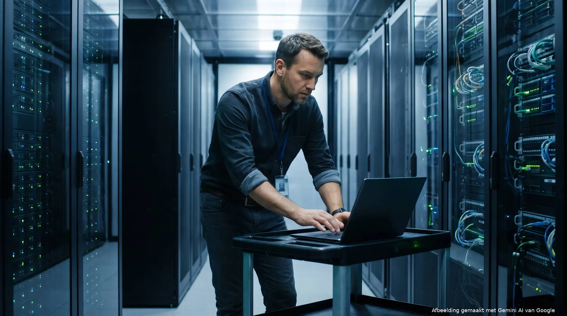 IT-beheerder in een serverruimte kijkt geconcentreerd naar een laptop op een karretje tussen rekken met lampjes.