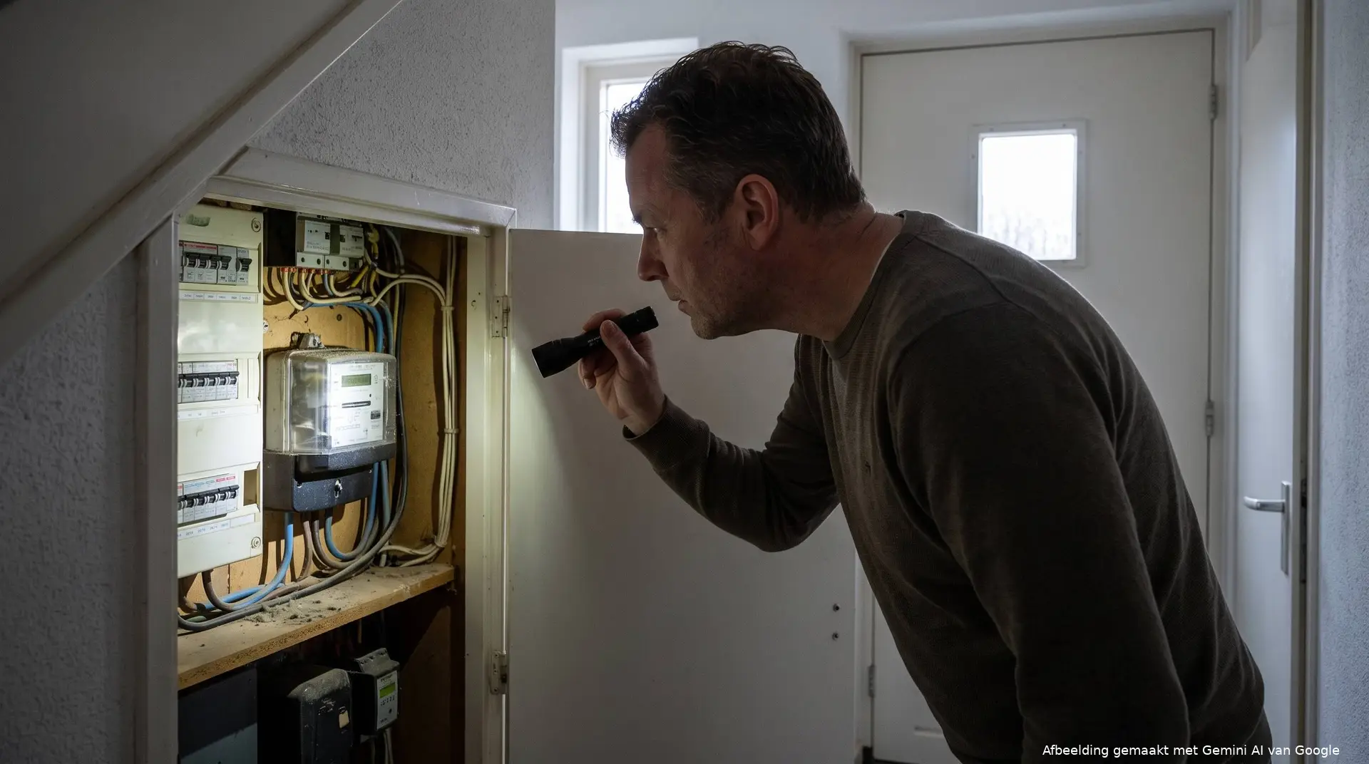Man bekijkt met een zaklamp de elektriciteitsmeter in de meterkast in de gang van zijn woning.