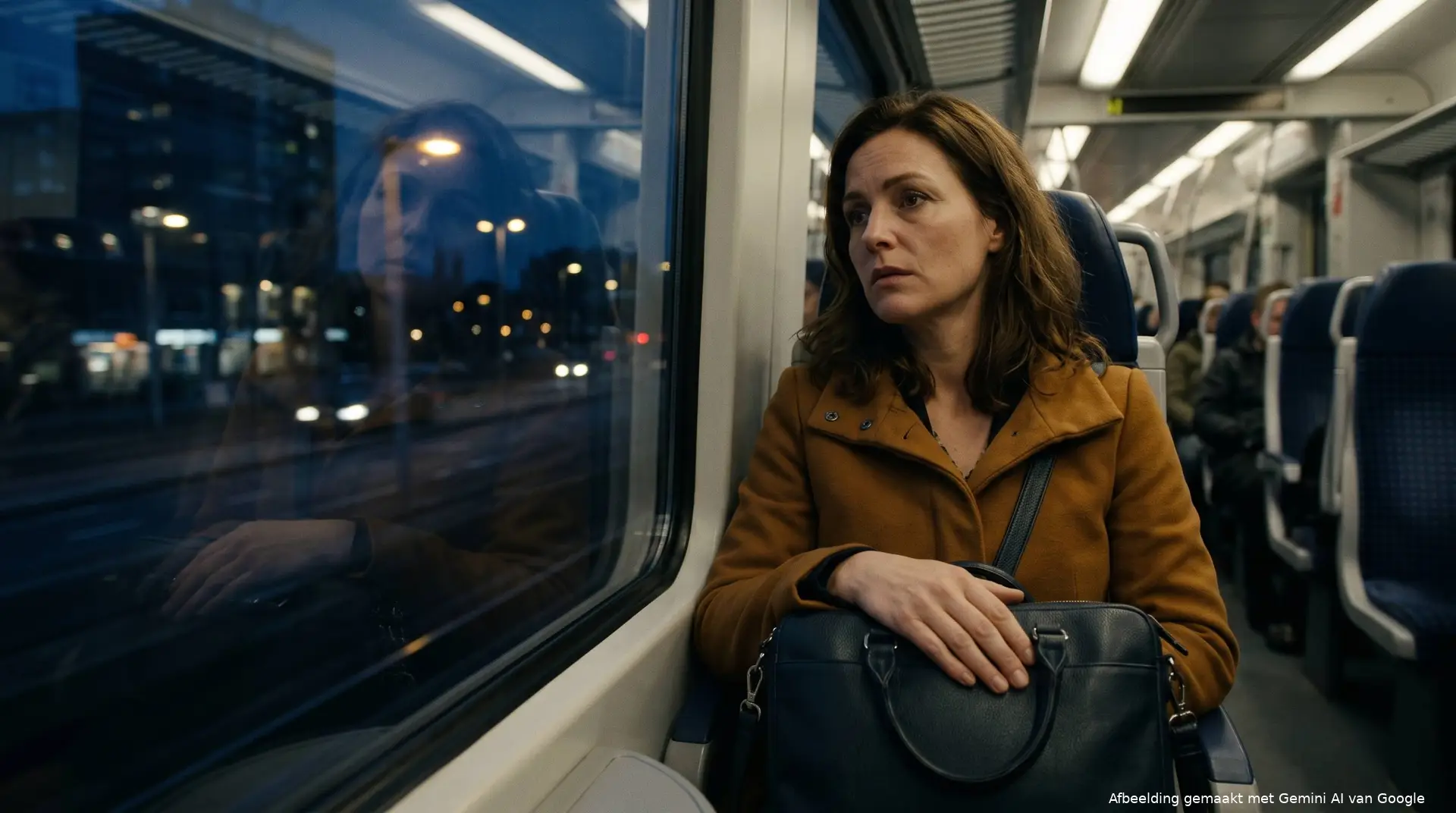 Vrouw in een okerkleurige jas zit 's avonds in de trein met een tas op schoot en kijkt peinzend uit het raam.