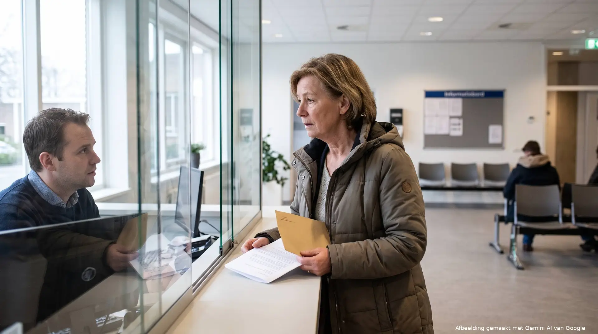 Vrouw van rond de zestig in een groene jas staat met een envelop en papieren bij de balie van een gemeentehuis.