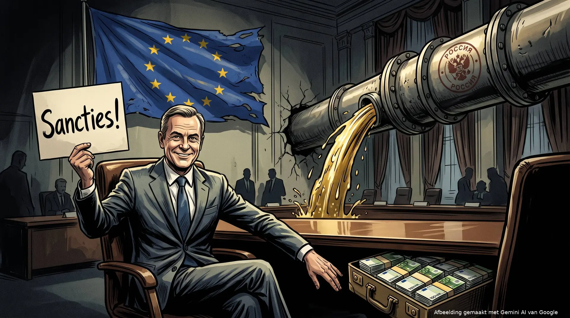 Een Europese diplomaat die openlijk sancties verkondigt maar stiekem miljarden doorschuift.