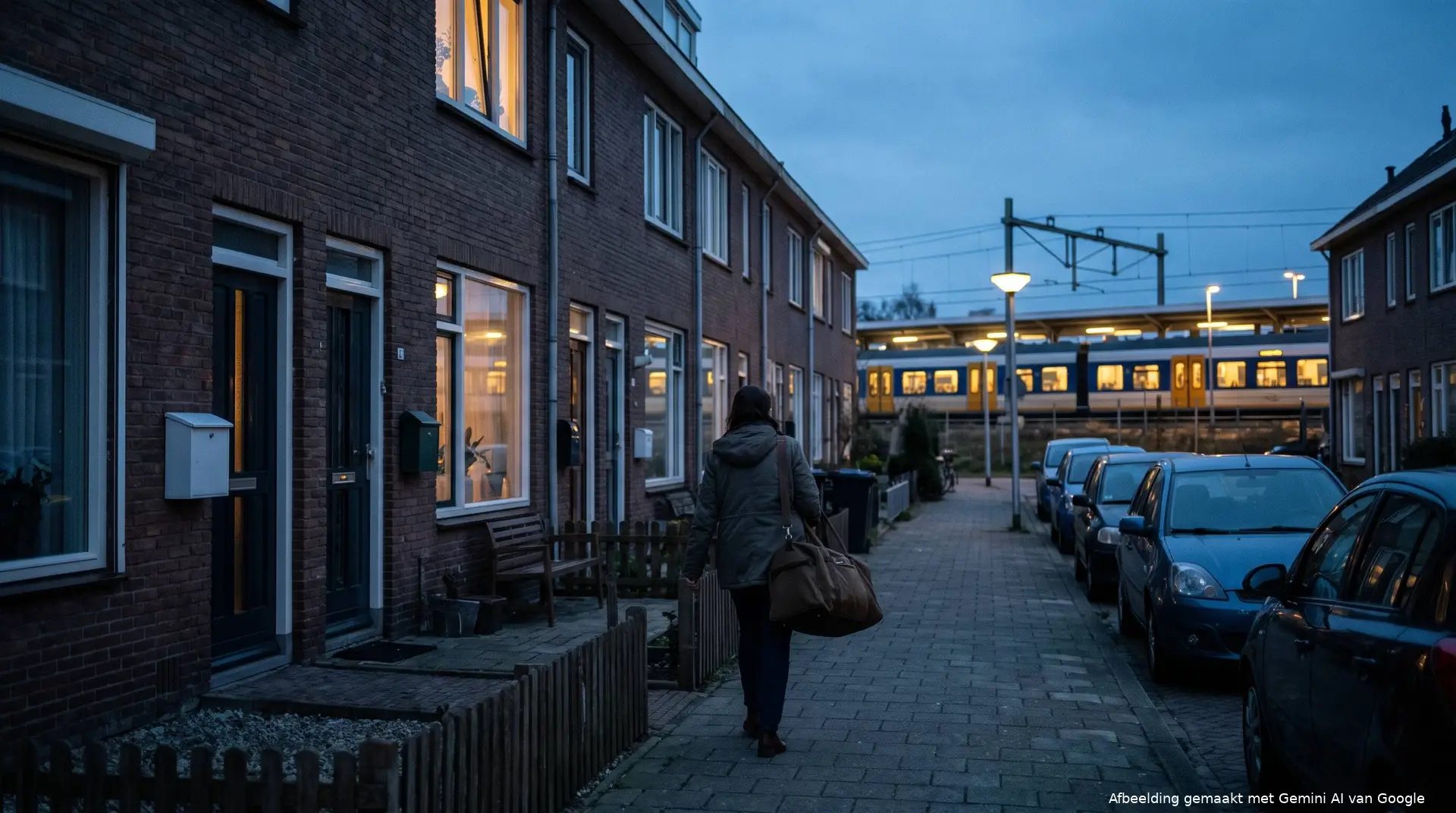 Vrouw met weekendtas loopt 's avonds weg van een rijtjeshuis in een dorp, met in de verte een verlichte trein