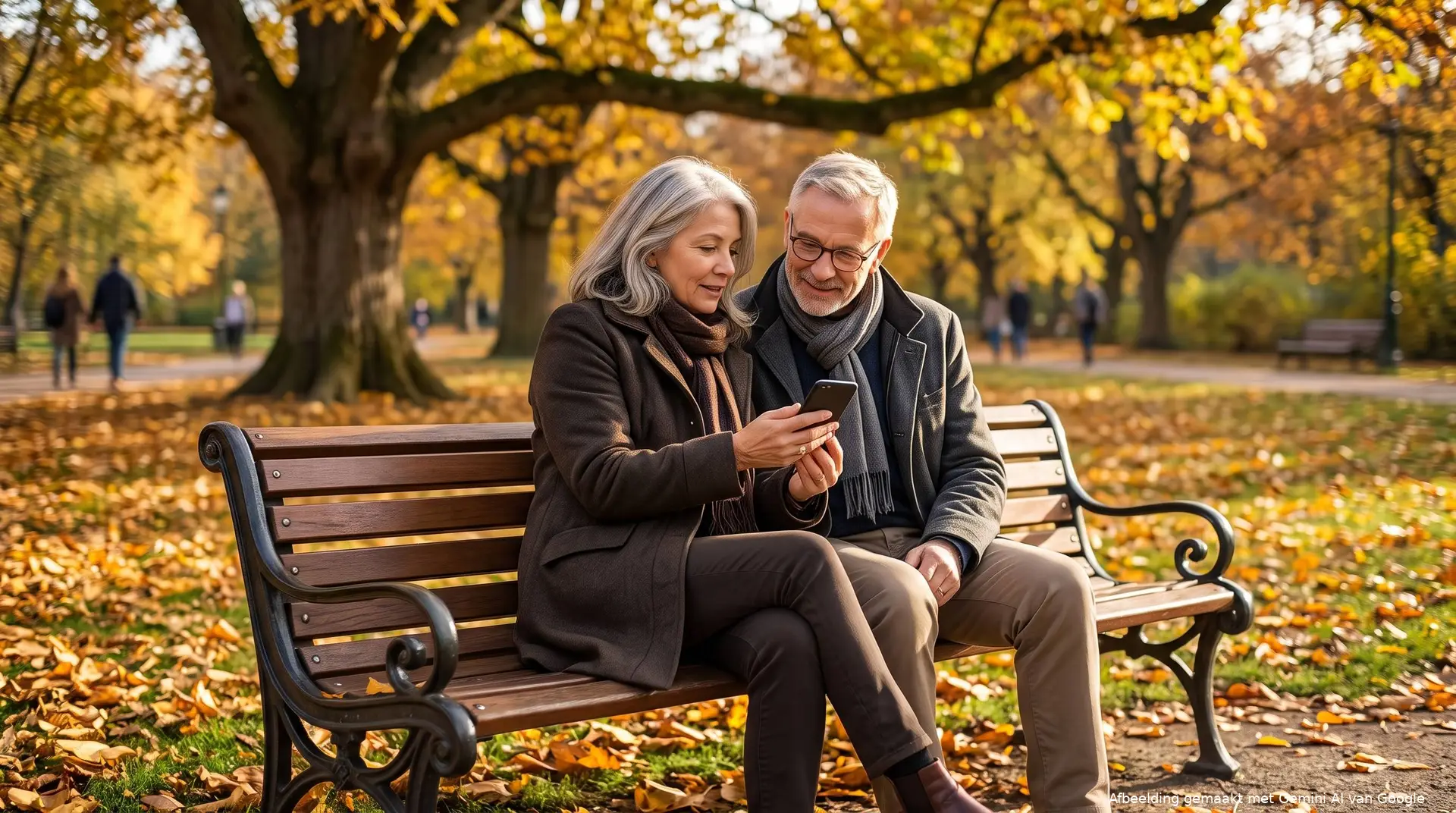 Stel van rond de zestig op een parkbankje in de herfst, de vrouw laat haar man iets zien op haar telefoon.