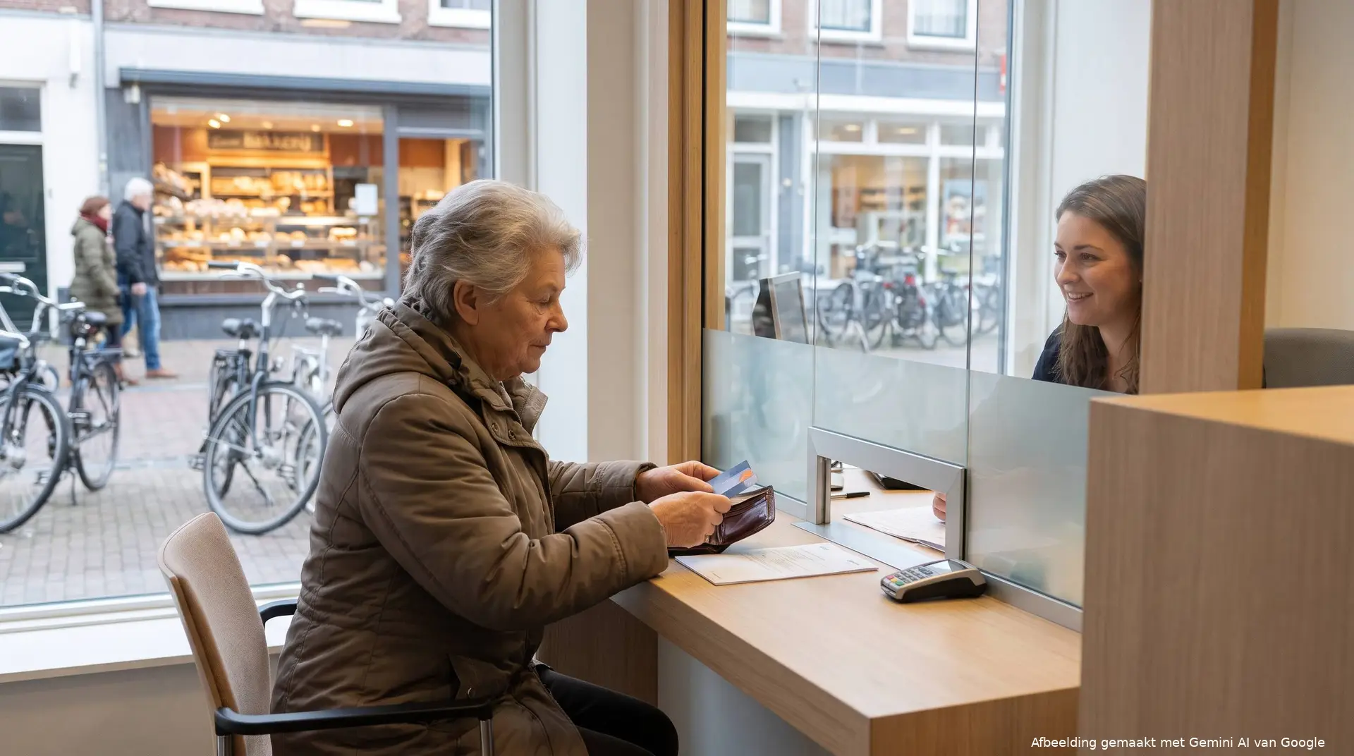 Oudere vrouw stopt aan het loket van een bankkantoor haar bankpas terug in haar portemonnee