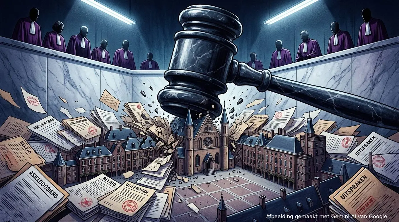 Dramatische illustratie van een gigantische Europese rechtersgavel die het Nederlandse Binnenhof verplettert onder stapels asieldossiers.