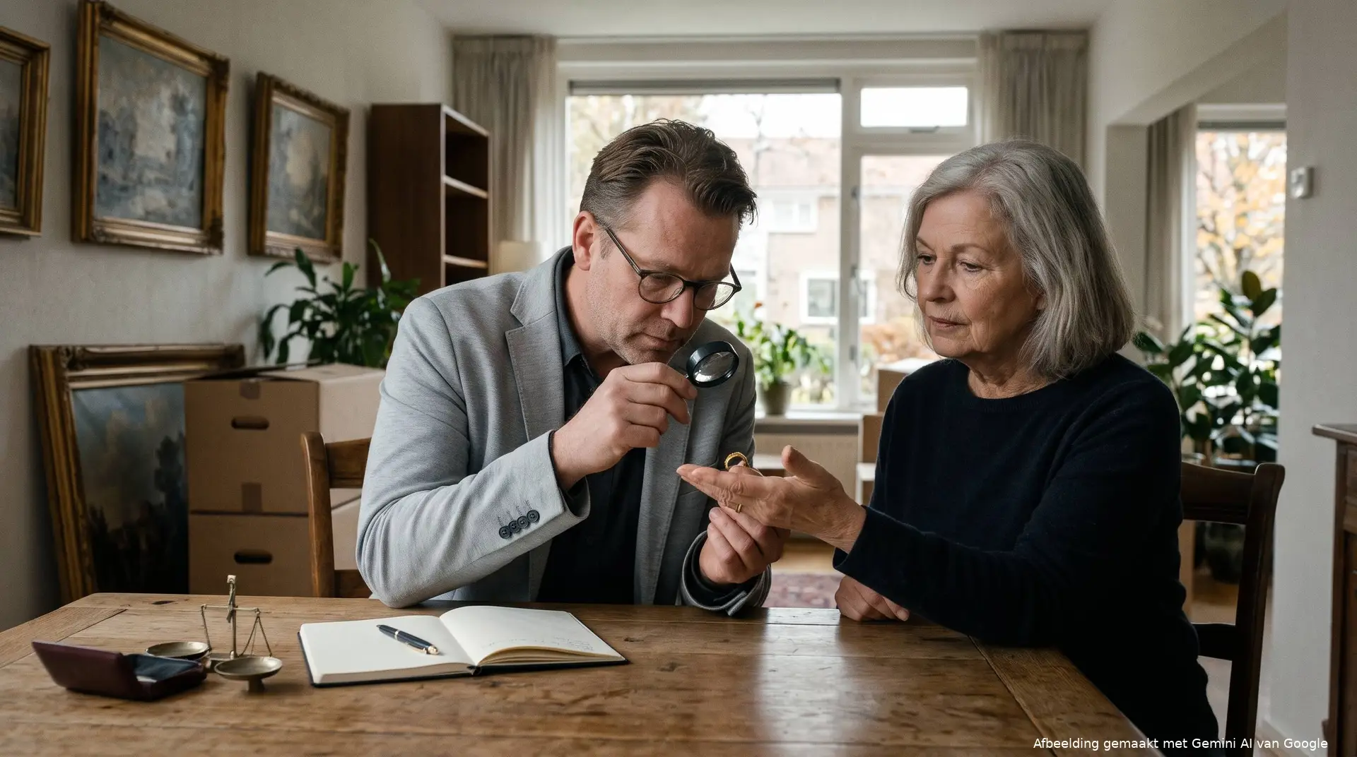 Taxateur bekijkt met een loep een gouden ring bij een oudere vrouw, met ingelijste schilderijen tegen de muur