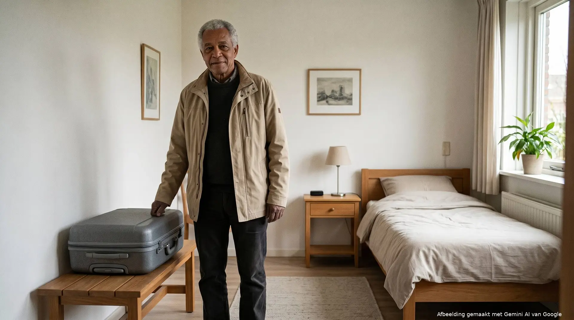Oudere man in een beige jas in een lichte logeerkamer, naast een grijze reiskoffer op een houten bankje.