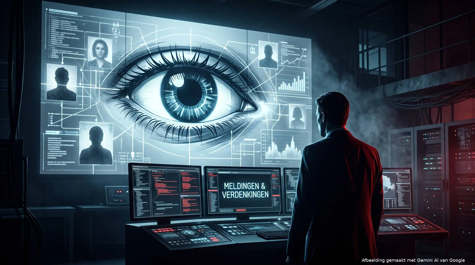 Een surveillance-oog op een digitaal scherm boven een meldpunt in een overheidsgebouw.
