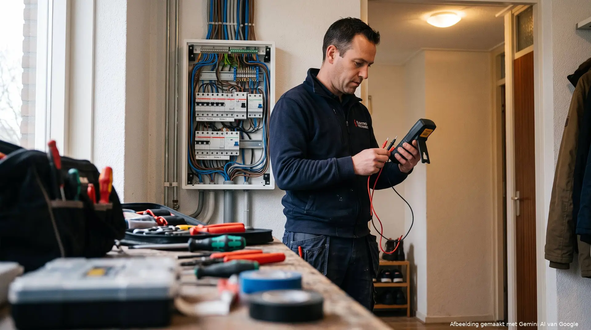 Elektricien inspecteert de bedrading van een groepenkast in een woning met een meetinstrument