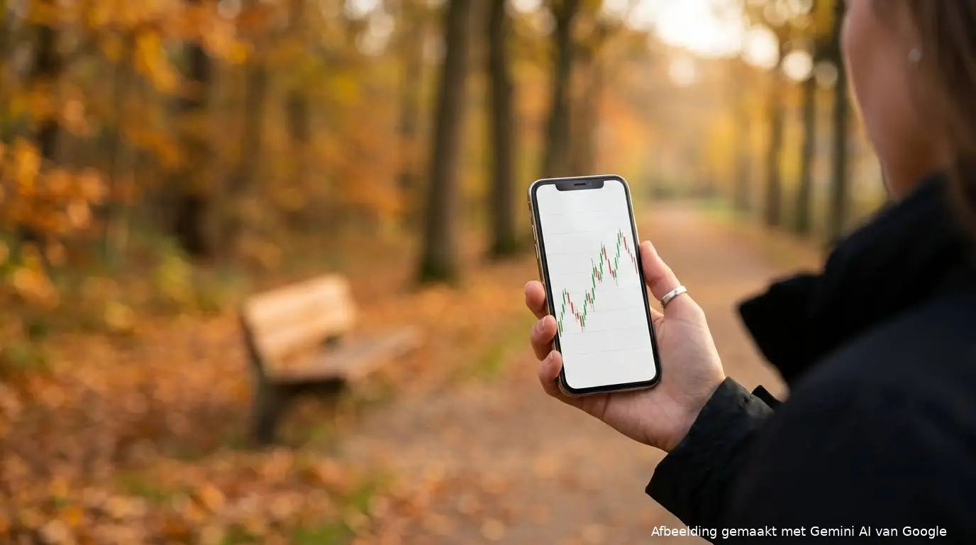 Belegger bekijkt een koersgrafiek op haar telefoon in een herfstpark.