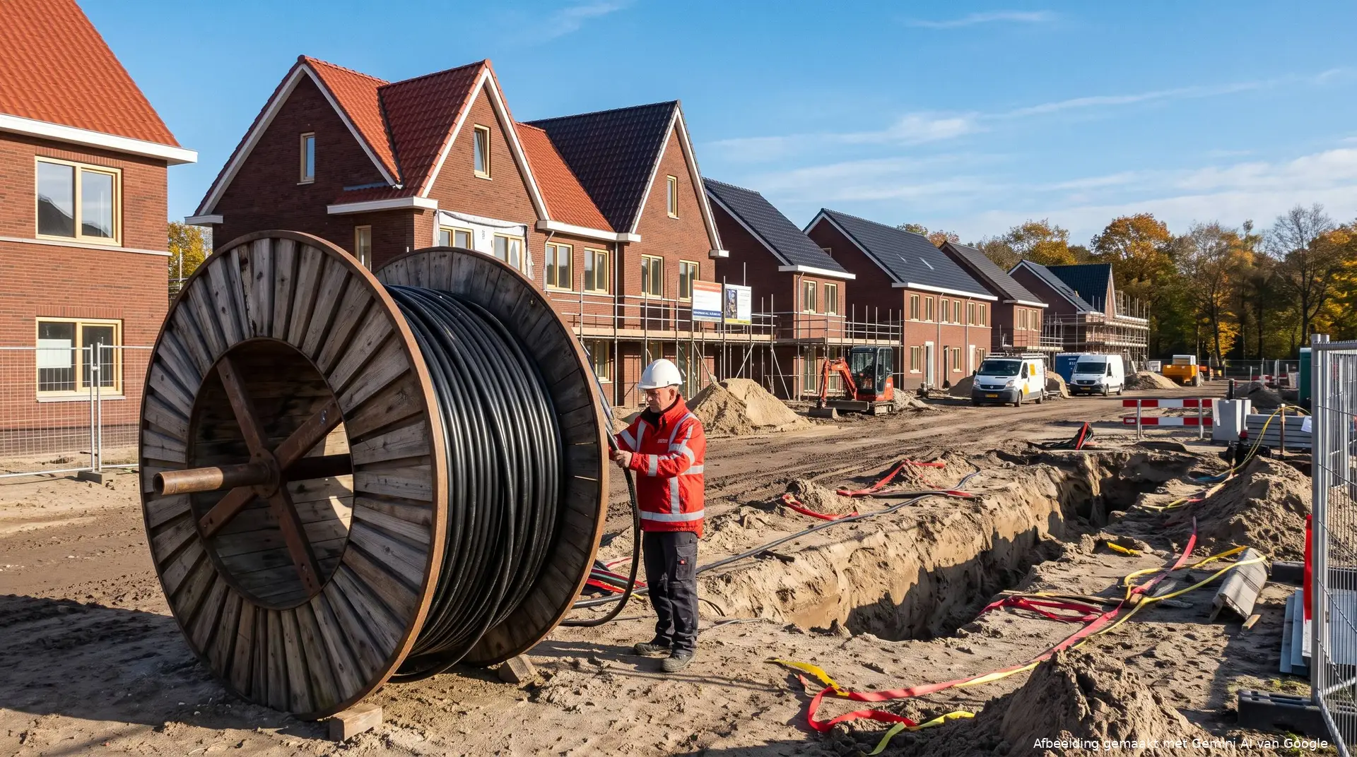 Illustratie van een grote kabelhaspel en een monteur bij een Nederlandse nieuwbouwwijk.