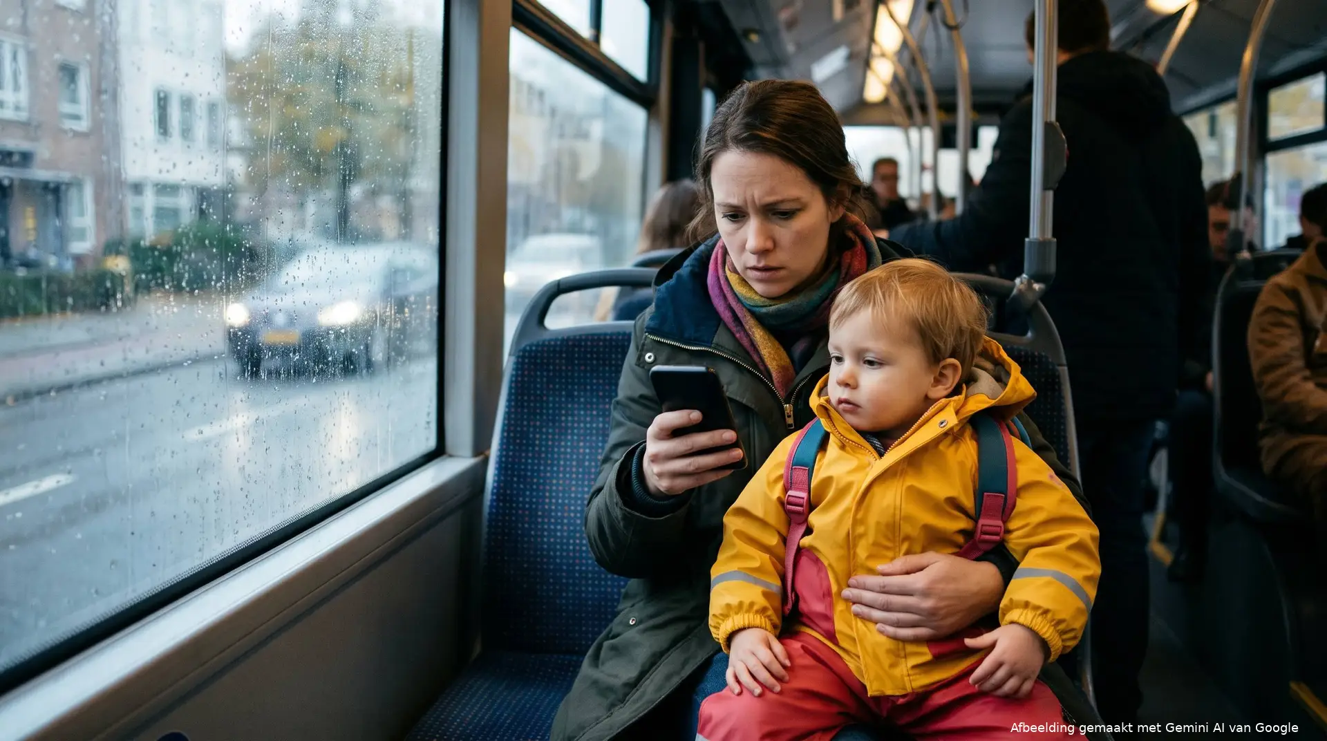 Moeder met peuter op schoot in een bus kijkt in de ochtend naar haar telefoon, het kind draagt een regenjas en een rugzakje.
