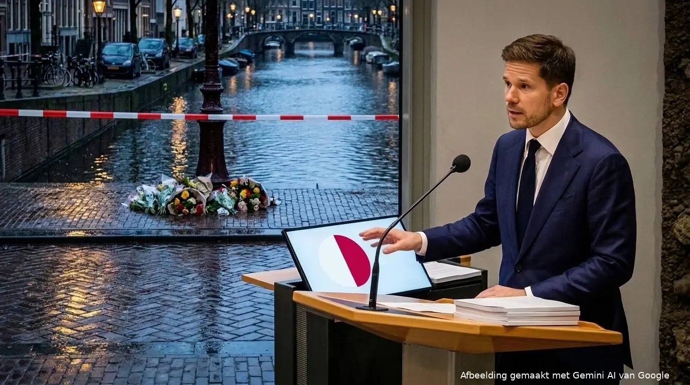 AI-illustratie: Gideon van Meijeren achter een katheder, buiten liggen bloemen en politielint langs een Amsterdamse gracht