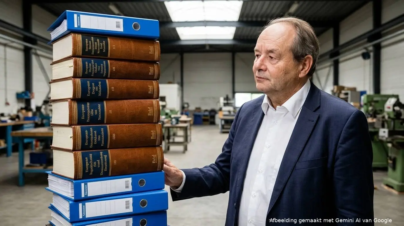 D66-minister Hans Vijlbrief naast een stapel wetboeken en ordners in een Nederlandse mkb-bedrijfshal