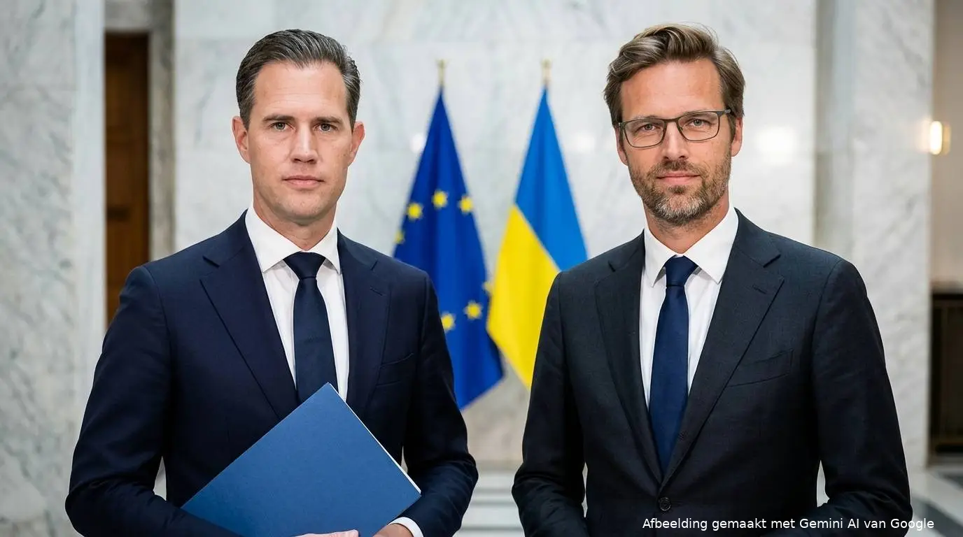 VVD-minister Eelco Heinen en D66-minister Sjoerd Sjoerdsma voor Europese en Oekraiense vlaggen over miljardensteun