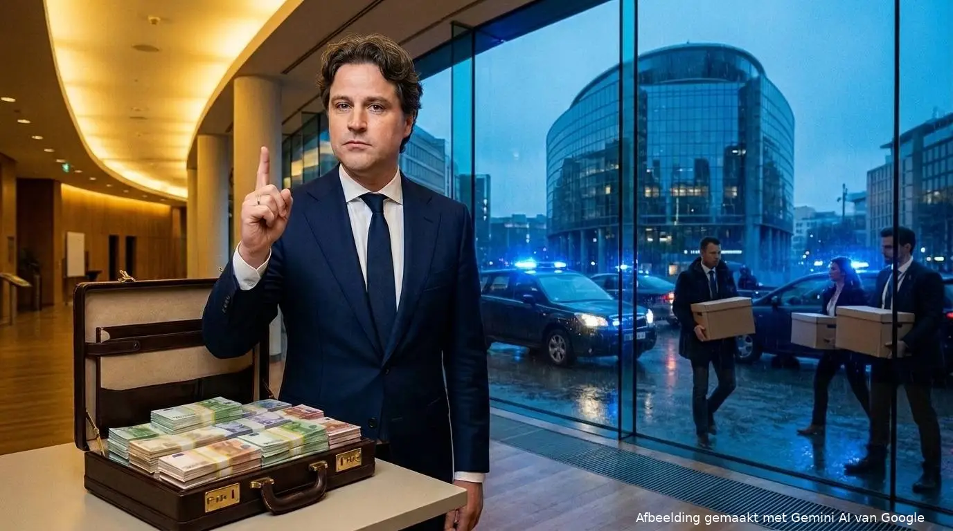 AI-illustratie: Henri Bontenbal heft zijn vinger bij een koffer vol geld, buiten dragen rechercheurs dozen weg in Brussel