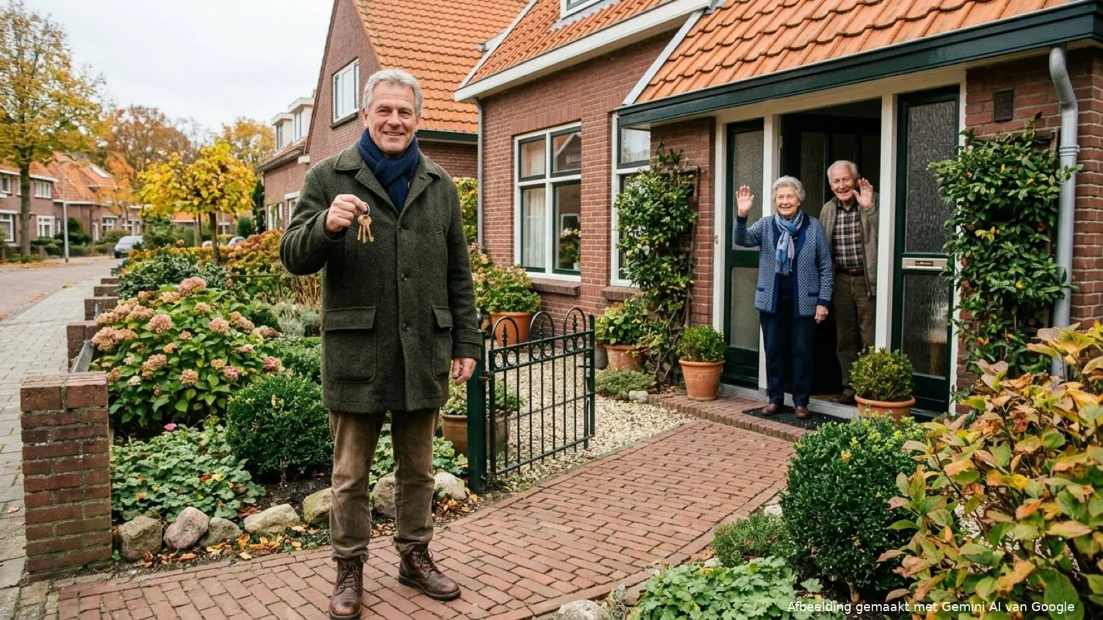 Oudere Nederlandse man met huissleutels voor de woning waarin zijn ouders wonen