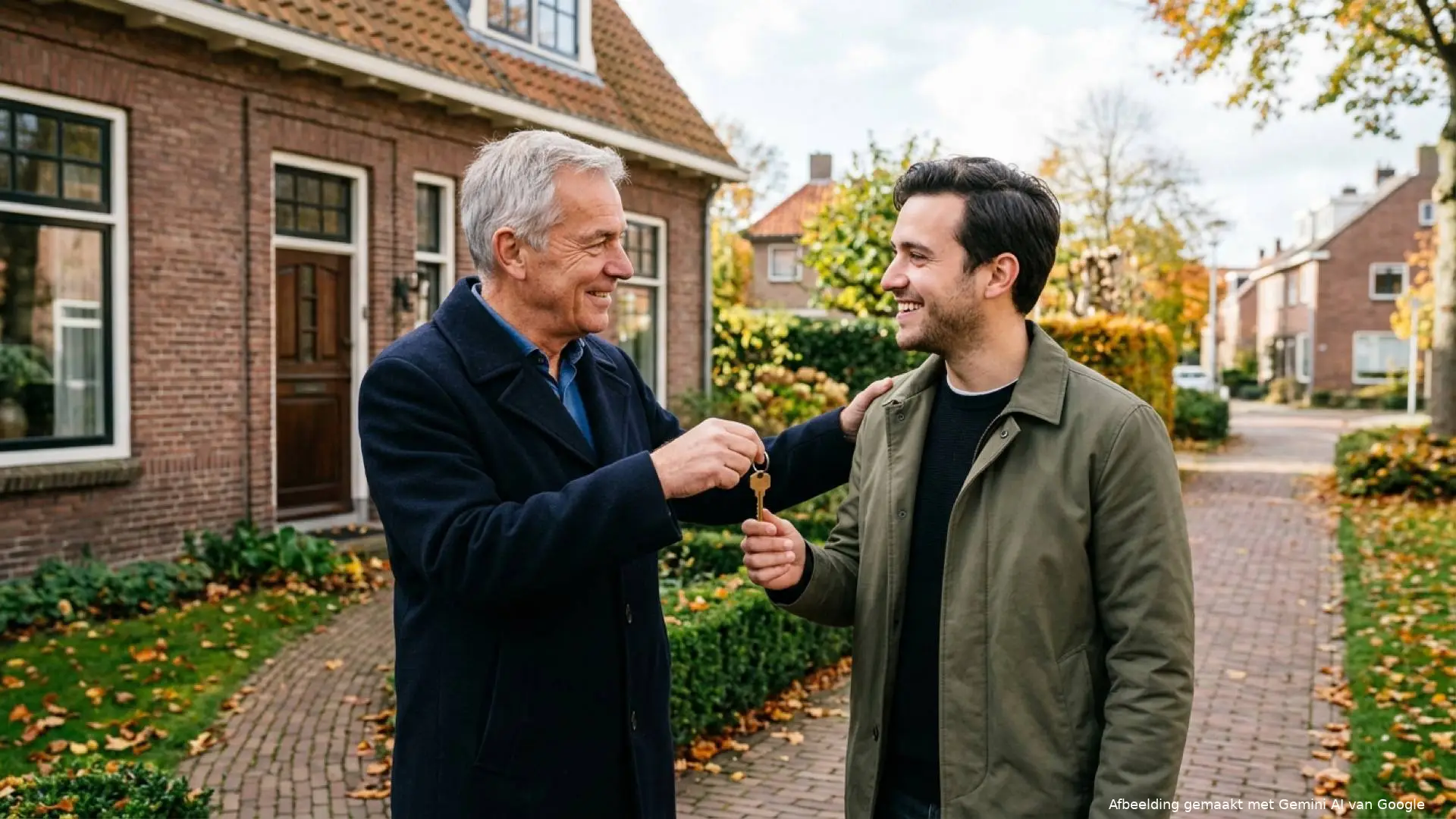 Vader van midden zestig overhandigt op het tuinpad voor een bakstenen koopwoning een huissleutel aan zijn volwassen zoon.