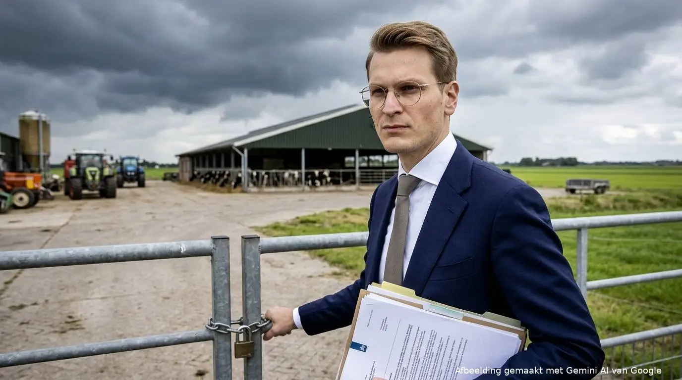 D66-minister Jaimi van Essen met stikstofdossiers bij het gesloten hek van een Nederlands melkveebedrijf