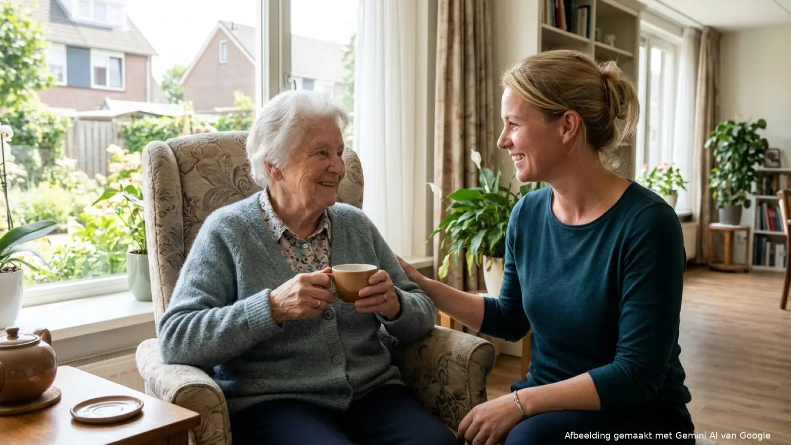 Oudere Nederlandse vrouw met een zorgmedewerker in de huiskamer van een zorginstelling