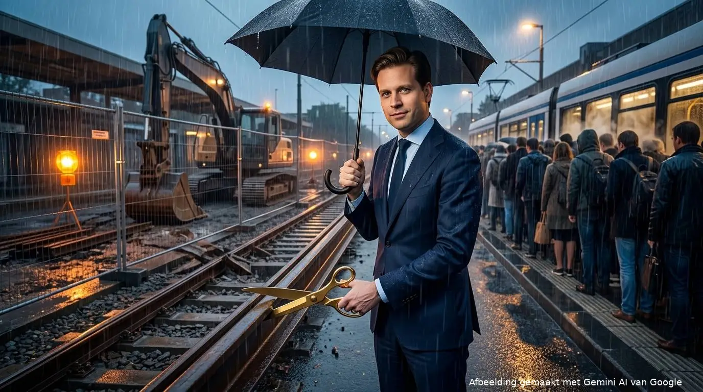 Minister Vincent Karremans staat in pak onder een paraplu en knipt met een grote schaar een spoorlijn door naast een stilgelegde bouwplaats met een graafmachine, terwijl achter hem op een regenachtig perron reizigers voor een volle tram wachten