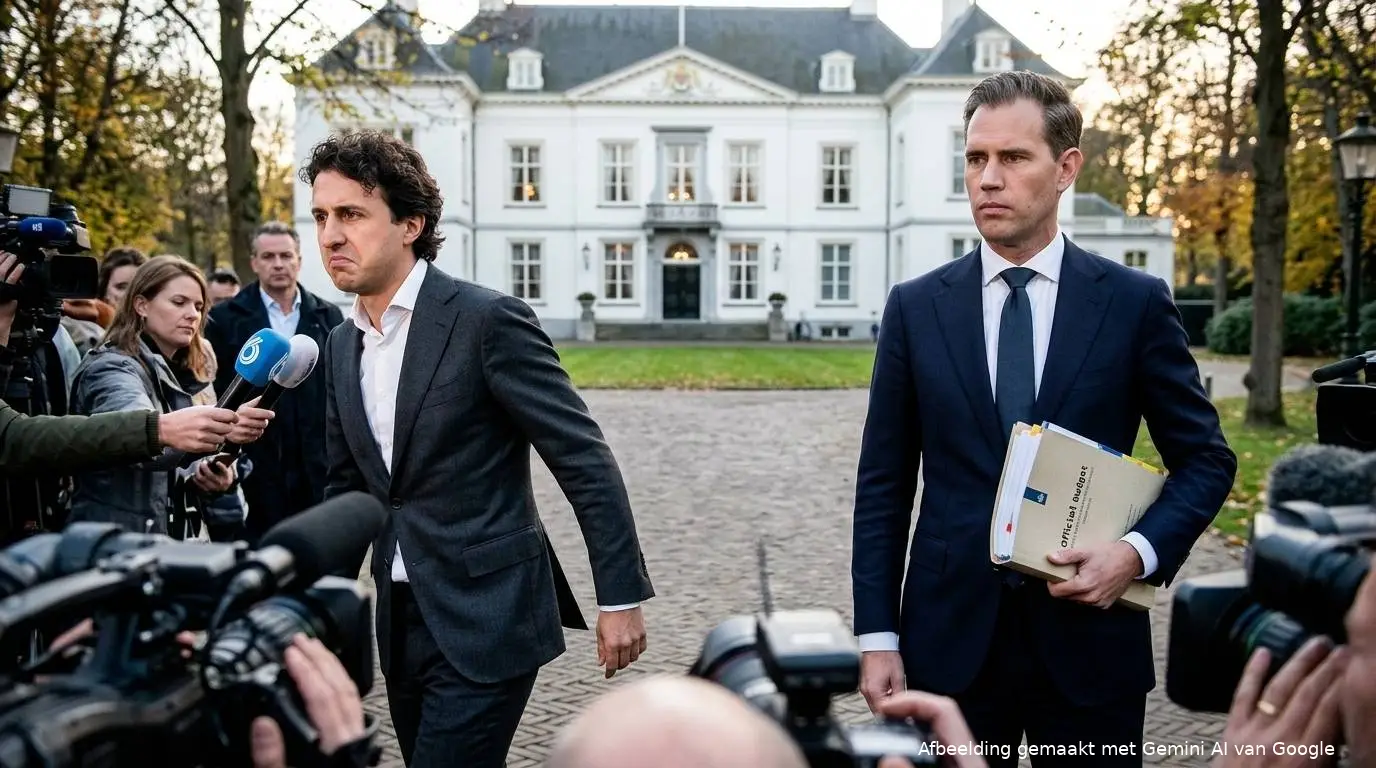 Jesse Klaver (PRO) en minister Eelco Heinen (VVD) buiten het Catshuis na het mislukte overleg over het Belastingplan.