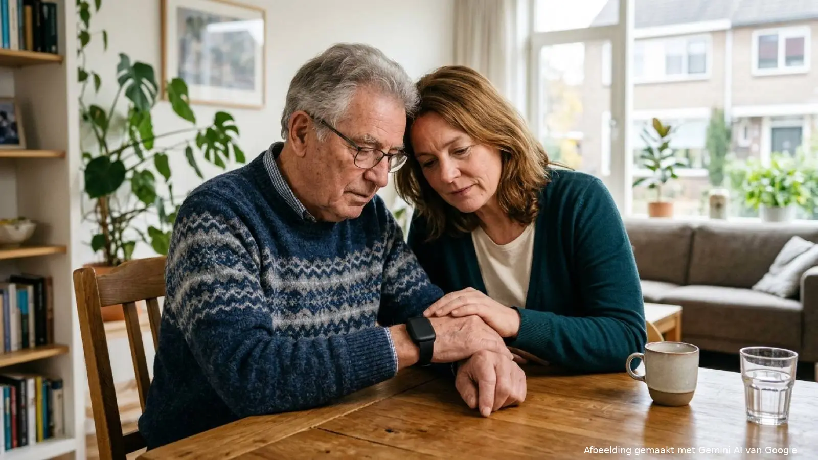 Oudere Nederlandse man en zijn dochter die thuis samen een alarmhorloge controleren