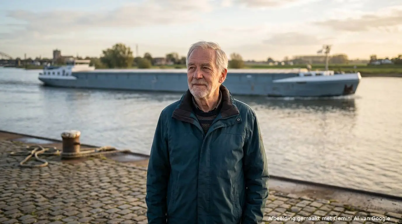 Man van rond de zeventig in een windjack op een kade langs een brede rivier met een voorbijvarend binnenvaartschip op de achtergrond.
