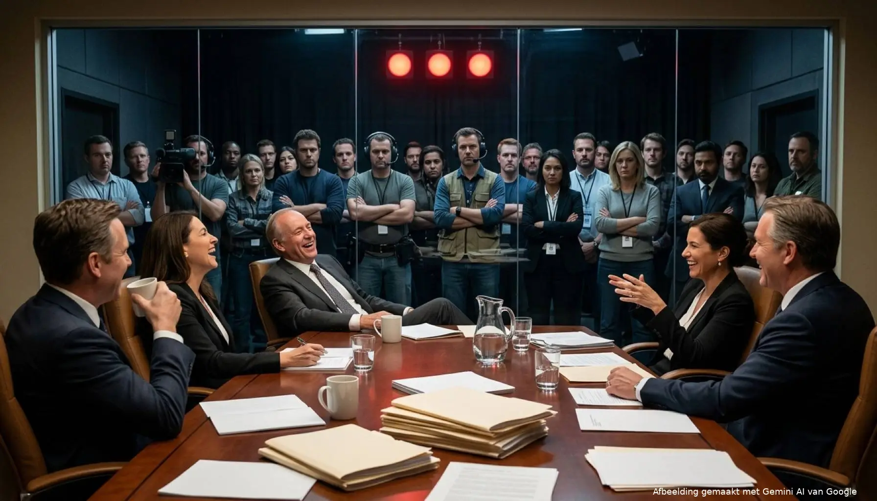 Vergadering van npo bazen die lachen terwijl hun werknemers boos staan toe te kijken