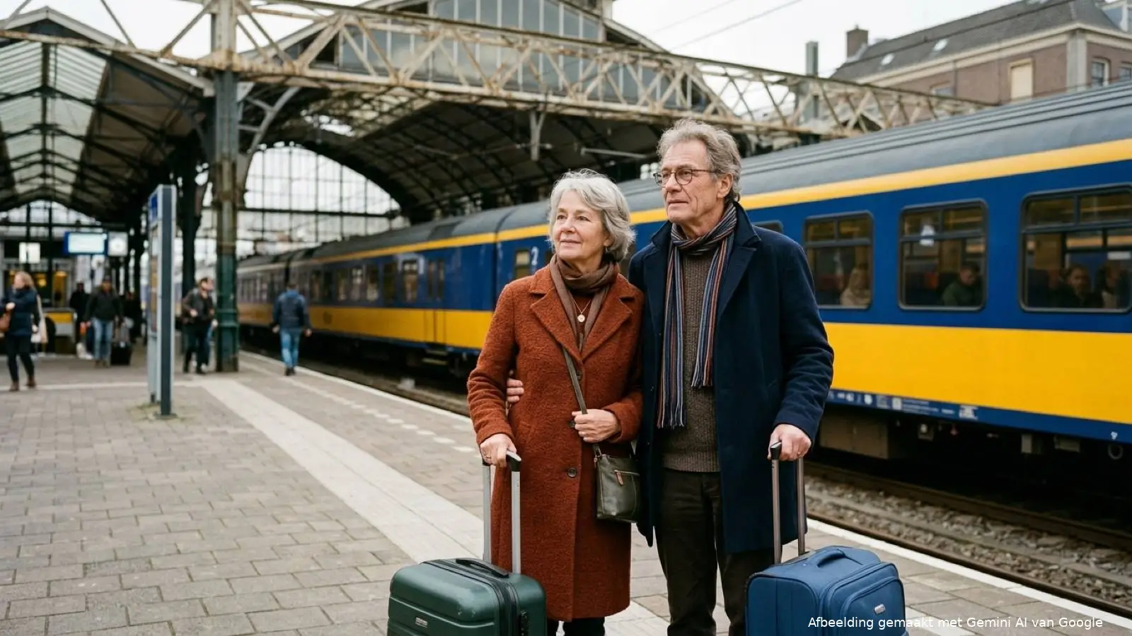 Een Nederlands echtpaar van zevenenzestig jaar staat met twee reiskoffers op een Nederlands treinstation.