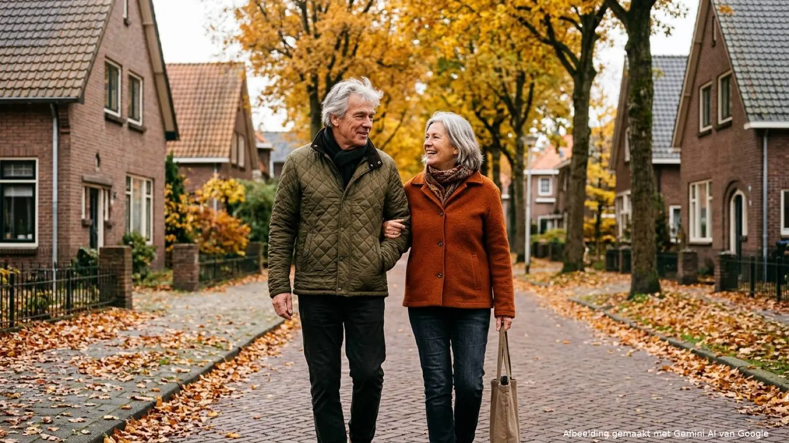 Een Nederlands echtpaar van begin zestig wandelt in de herfst langs een rij bakstenen woningen.