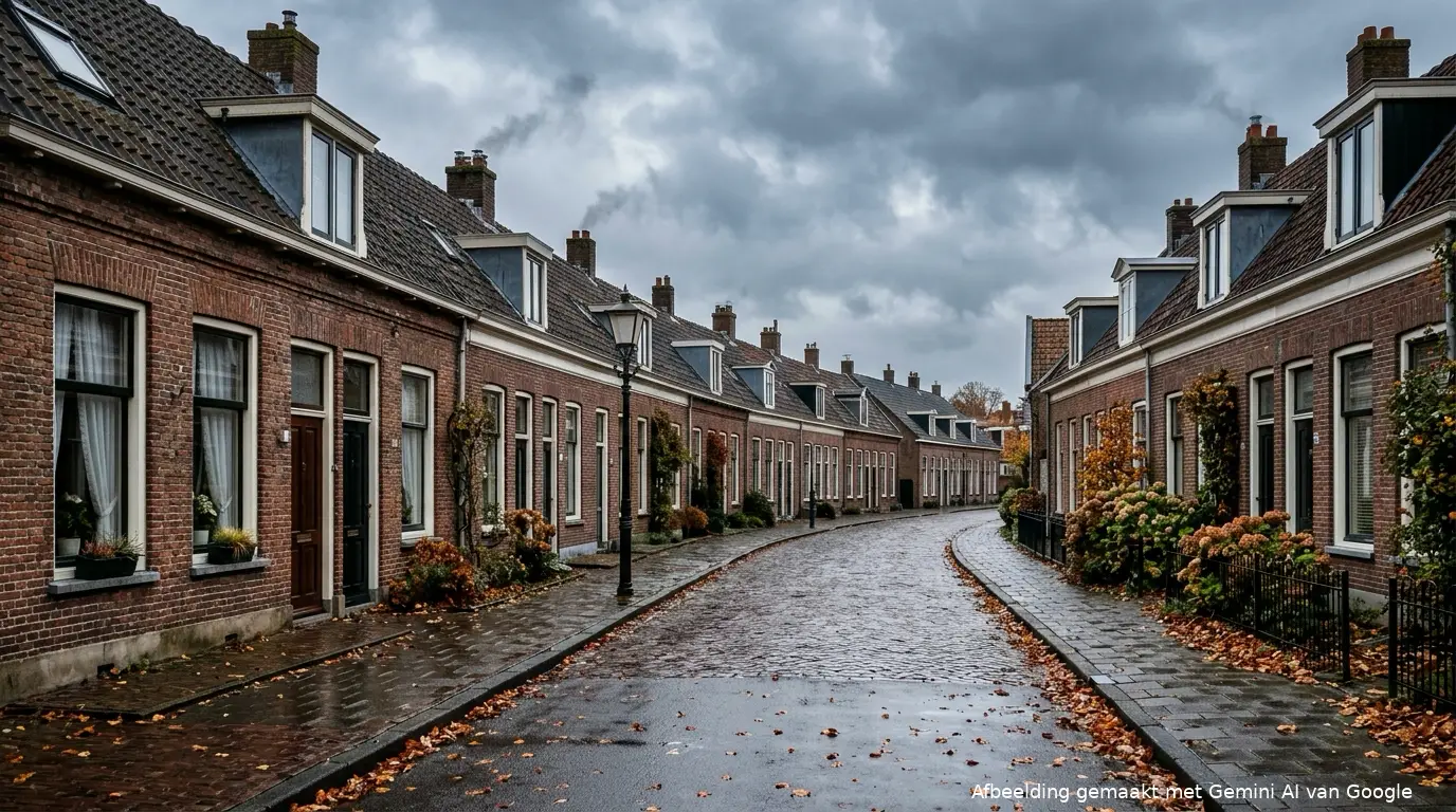 Oudere bakstenen rijtjeshuizen in een Noord-Nederlandse straat op een grijze herfstochtend