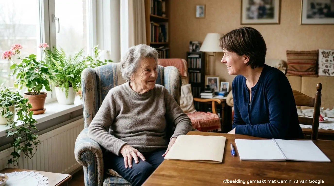 Oudere vrouw in een woonzorgappartement bespreekt aan tafel de zorgadministratie met haar volwassen dochter.