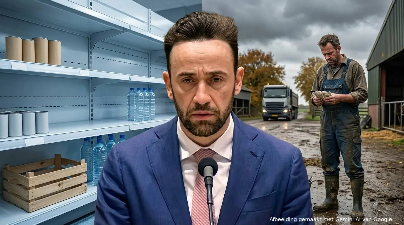 Illustratie van staatssecretaris Silvio Erkens tussen een halfleeg supermarktschap met noodblikken en een Nederlandse veehouder met een stapel zware rekeningen.