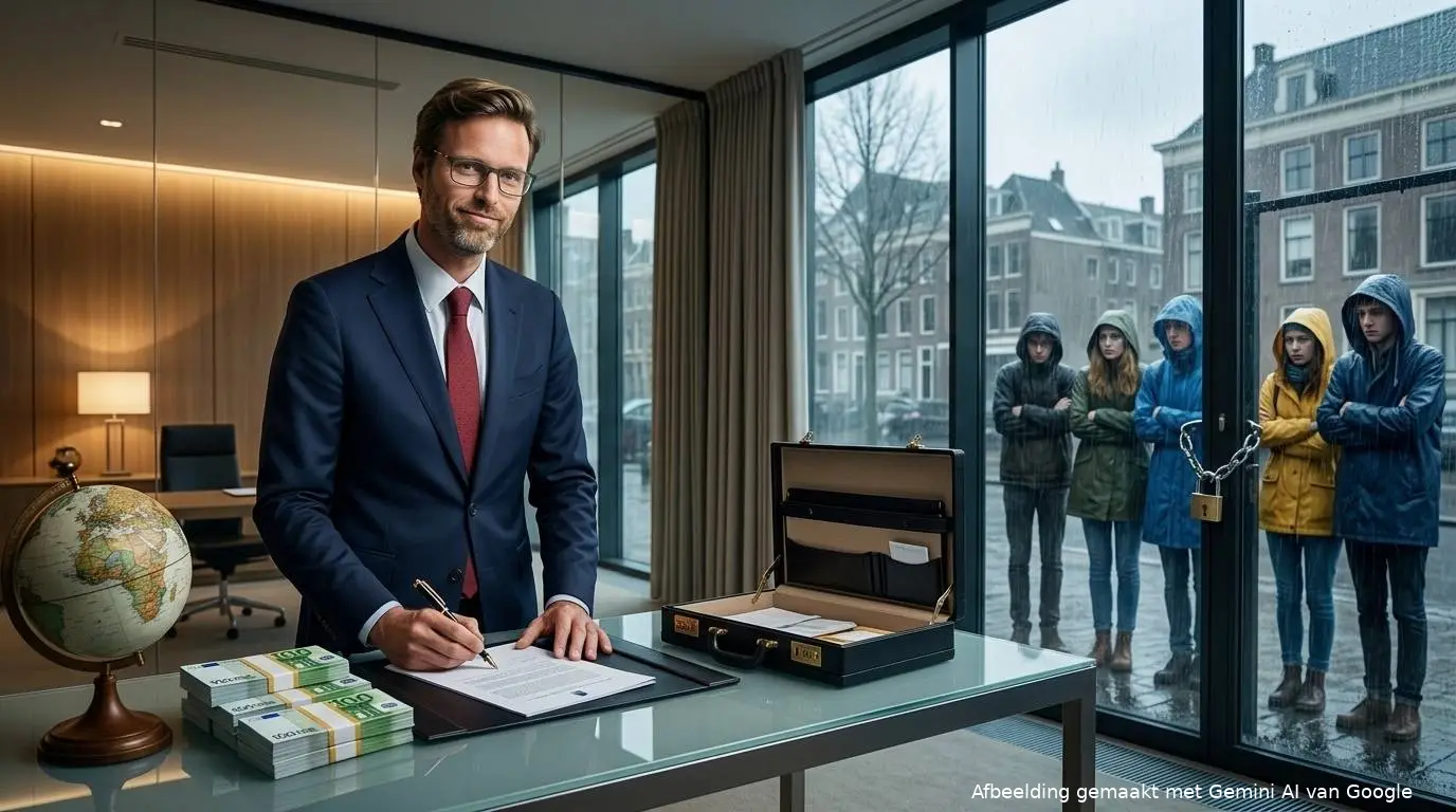 AI-illustratie van D66-minister Sjoerd Sjoerdsma ondertekent glimlachend subsidiedossiers naast stapels geld en een wereldbol, terwijl buiten in de regen Nederlandse studenten voor een afgesloten deur staan.