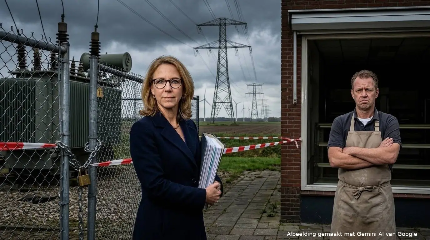 AI-illustratie van D66-minister Stientje van Veldhoven met een beleidsdossier voor een met ketting en hangslot afgesloten hoogspanningsstation, naast een mkb-bakker voor zijn donkere winkel.