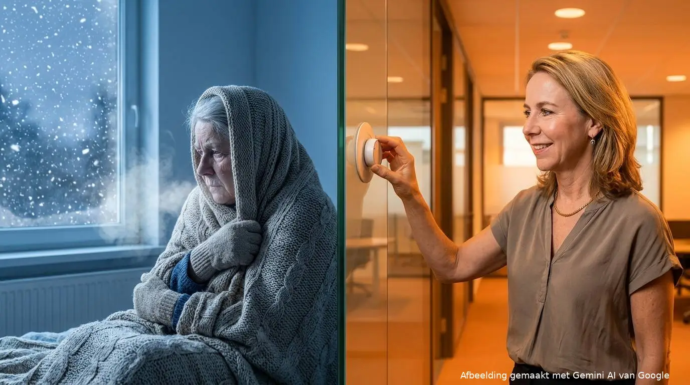 Illustratie van Minister Stientje van Veldhoven draait in korte mouwen de thermostaat hoger terwijl een oudere vrouw in een koude kamer onder een deken zit.