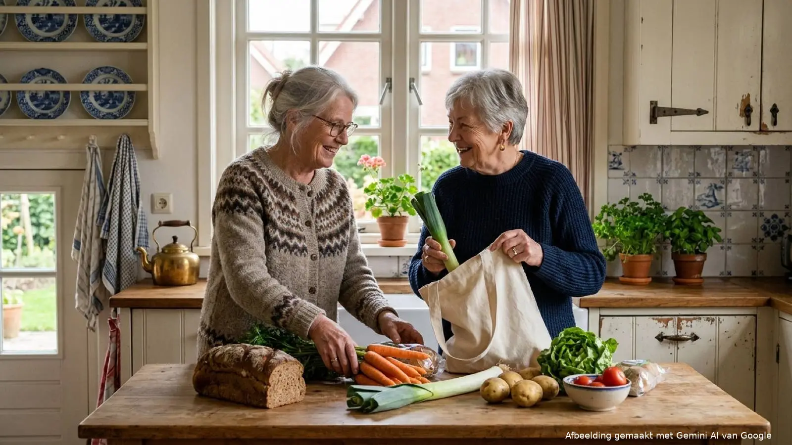 Twee oudere Nederlandse vrouwen die samen verse boodschappen uitpakken in een keuken