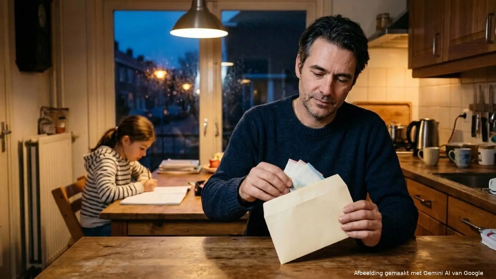 Man stopt 's avonds in de keuken briefgeld in een onbeschreven envelop terwijl zijn dochter aan tafel haar huiswerk maakt.