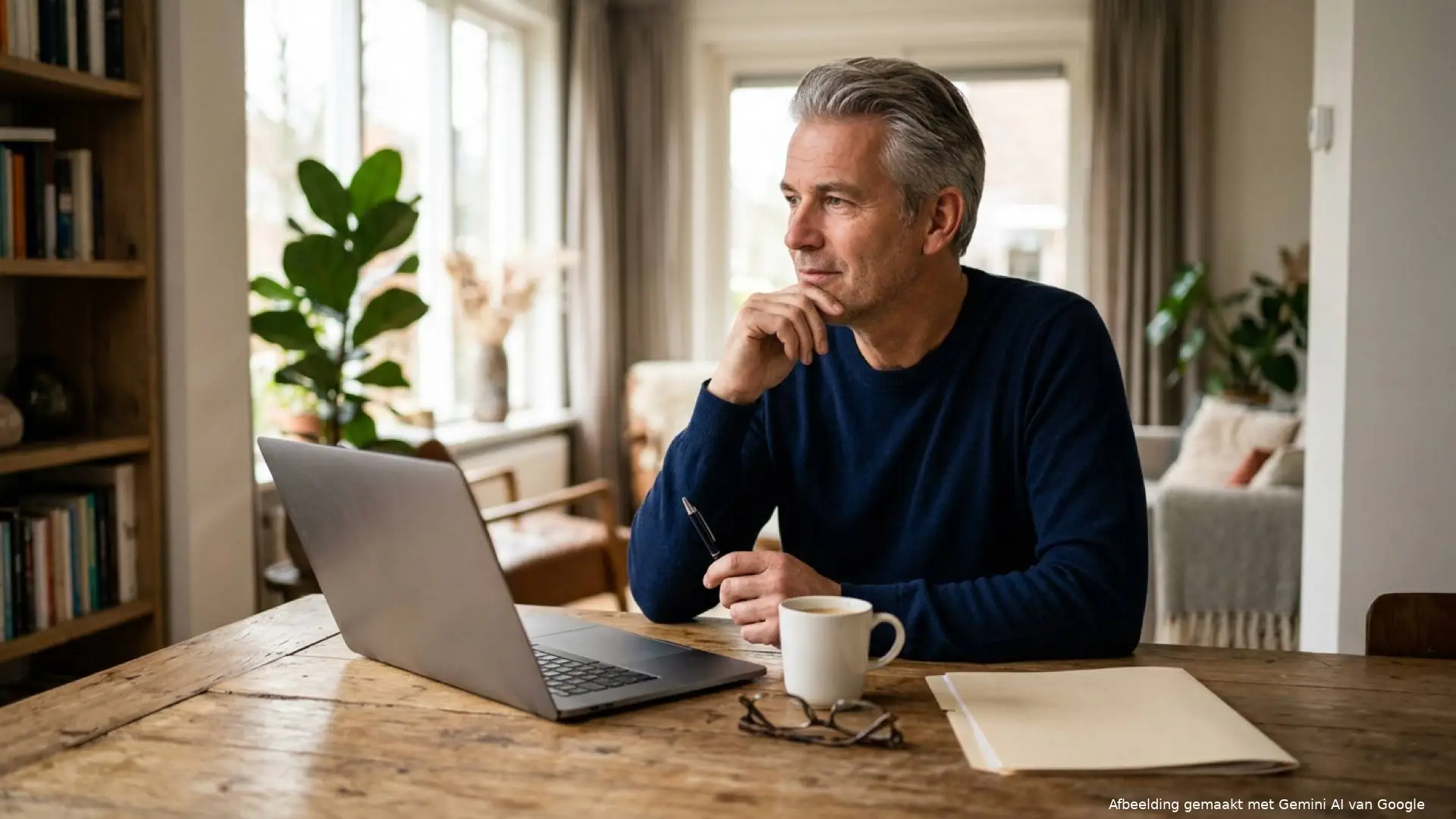Man in een donkerblauwe trui zit aan een houten keukentafel met een pen, een open laptop, een koffiemok en een bril.